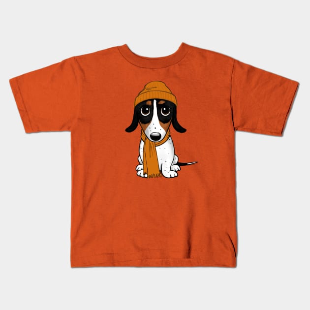 Piebald Dachshund - Cute Dog Wearing Beanie Cap Kids T-Shirt by Coffee Squirrel
